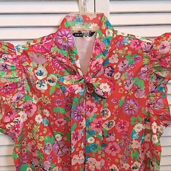 🌸NWOT Orange Floral Silk Bow Tie Ruffle Top (M)🌸 - Picture 3 of 14